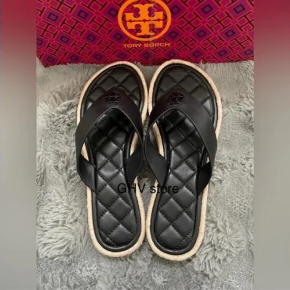 Tory Burch Black Quilted Leather Platform Flip Flop Sandals